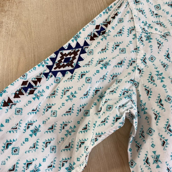 Panhandle Rough Stock Aztec Southwest Embroidered Pearl Snap Shirt Women L Teal - Picture 7 of 11